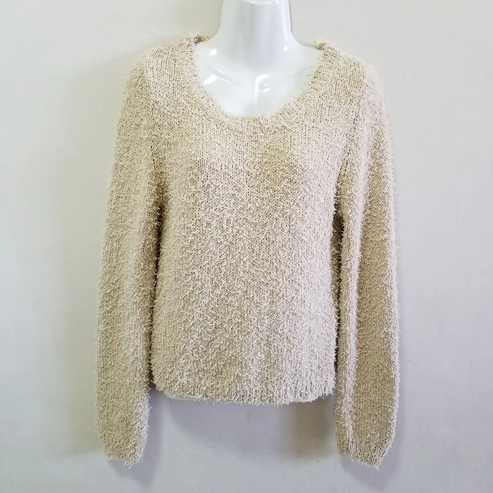 Alexis Womens Sweater Cropped Beige Cream Textured Tab Hue Side Slit Scoop M